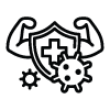 Icon of a shield with a muscle arm, gear, and virus symbol on a white background