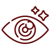 Icon of a eye with a magnifying glass, surrounded by stars, on a white background.