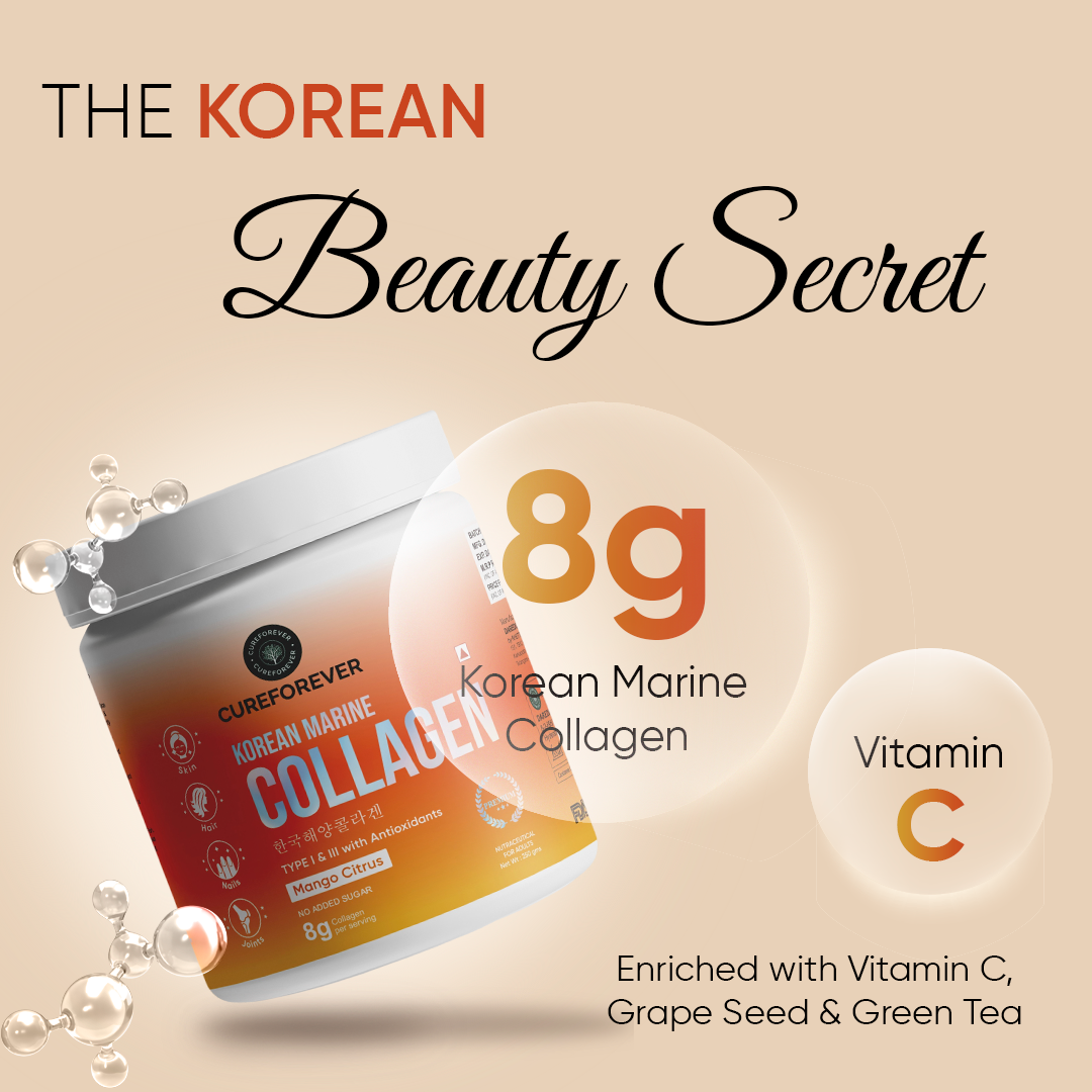 CUREFOREVER - Korean Marine Collagen (Mango Citrus) | Vitamin C, Grape Seed, Green Tea & Taurine