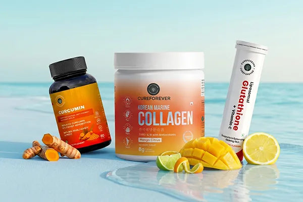 Supplement products including Curcumin, Korean Marine Collagen, and Glutathione with vitamins on a blue surface.