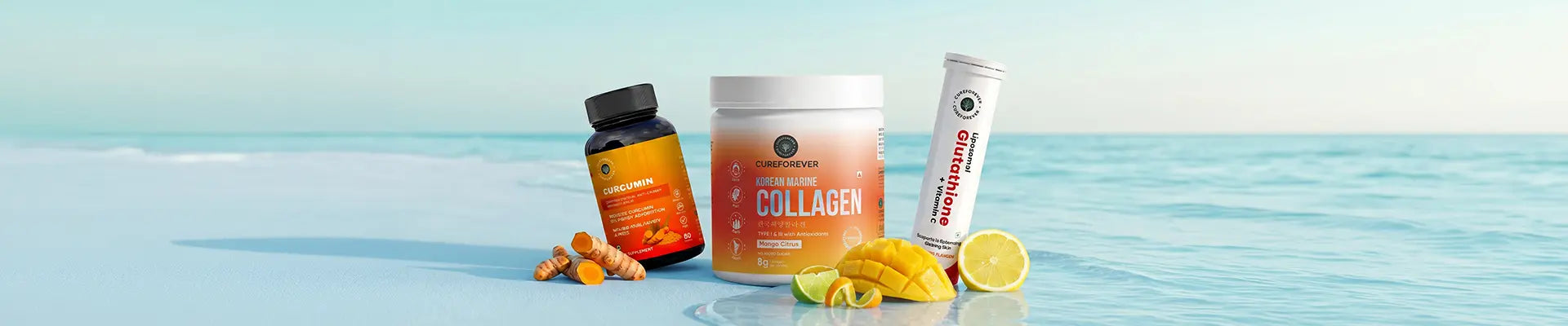 Collagen supplement container with a bottle and a stick on a light blue background