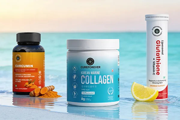 Three health products on a reflective water surface with a gradient sky background