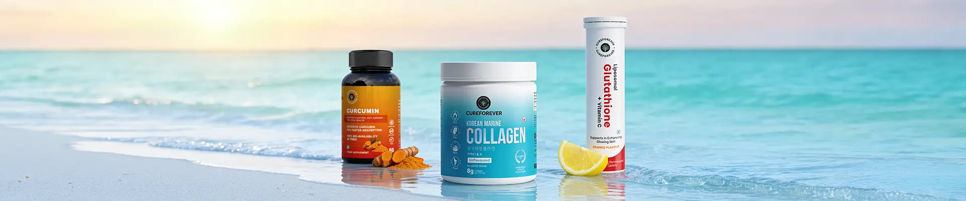 Supplement bottles on a beach with a scenic background