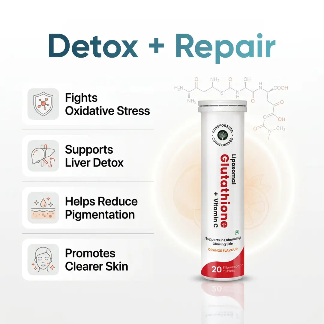 Glutathione supplement tube with detox and repair benefits on a white background