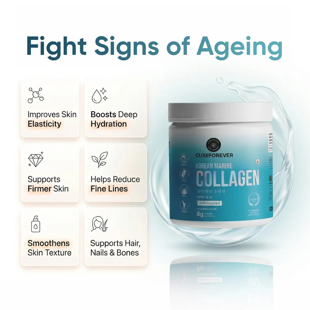 CureForever Korean Marine Collagen jar with benefits listed on a white background