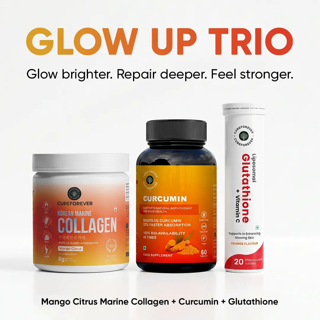 Three supplement bottles labeled 'Marine Collagen', 'Curcumin', and 'Glutathione' with promotional text on a white background.