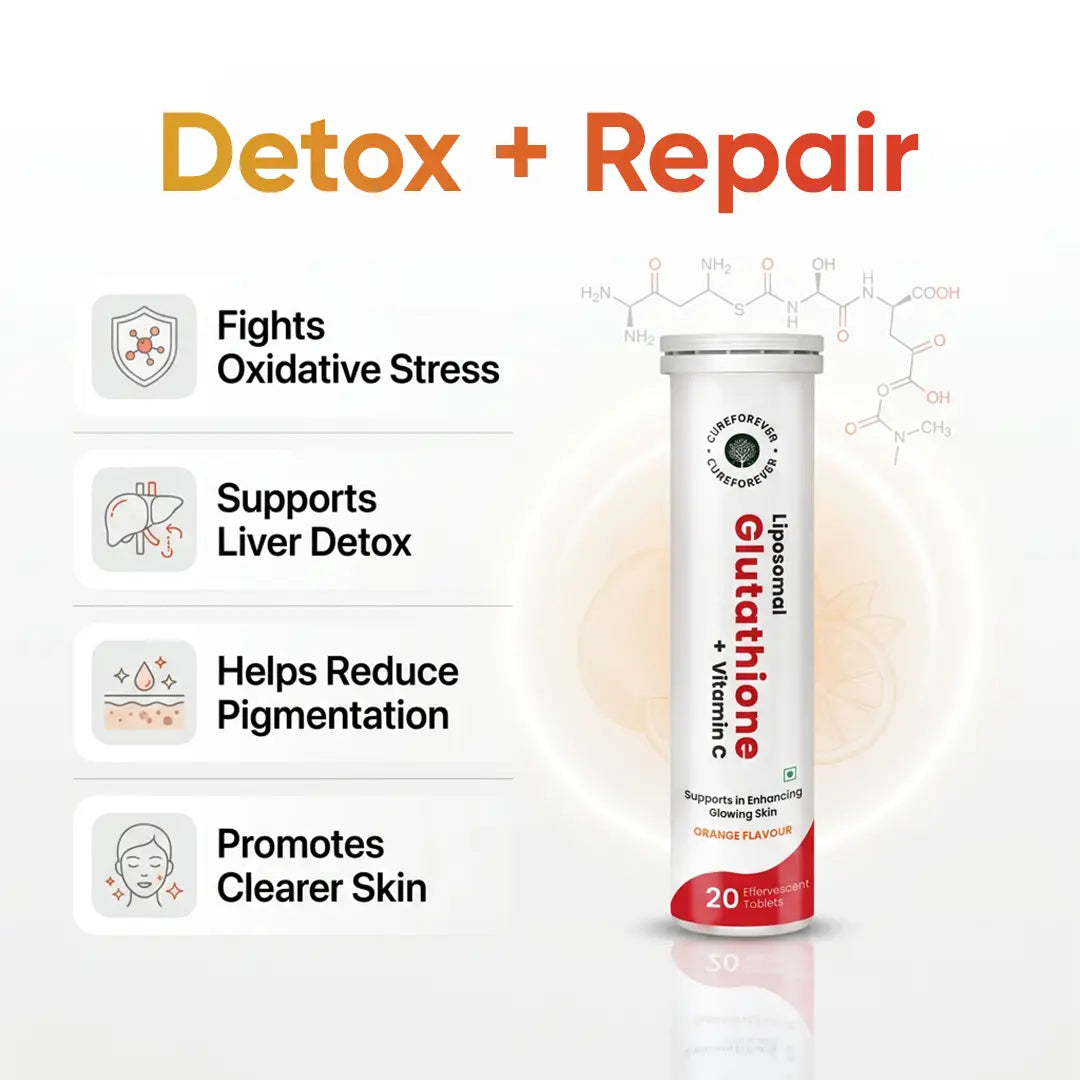 Liposomal Glutathione supplement tube with detox and repair benefits on a white background