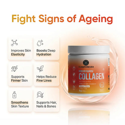 CureForever Korean Marine Collagen supplement with benefits listed on a white background