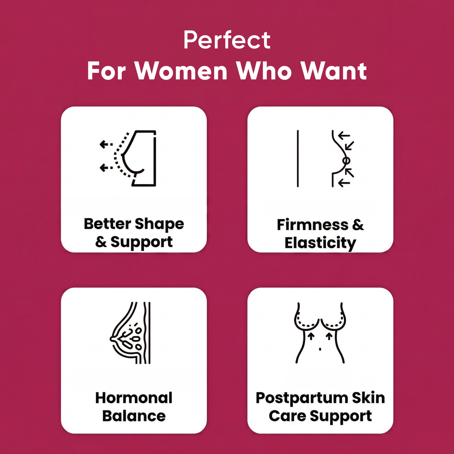 Product advertisement for women's health and wellness with icons and text on a red background.