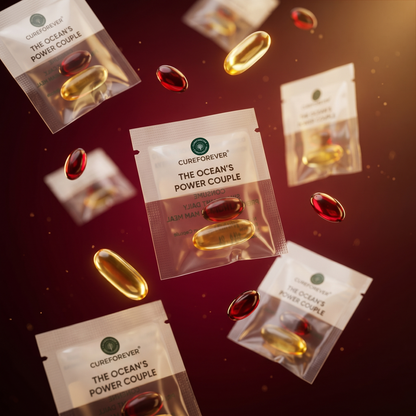 CureForever 'The Ocean's Power Couple' supplement packages on a dark background with floating capsules.