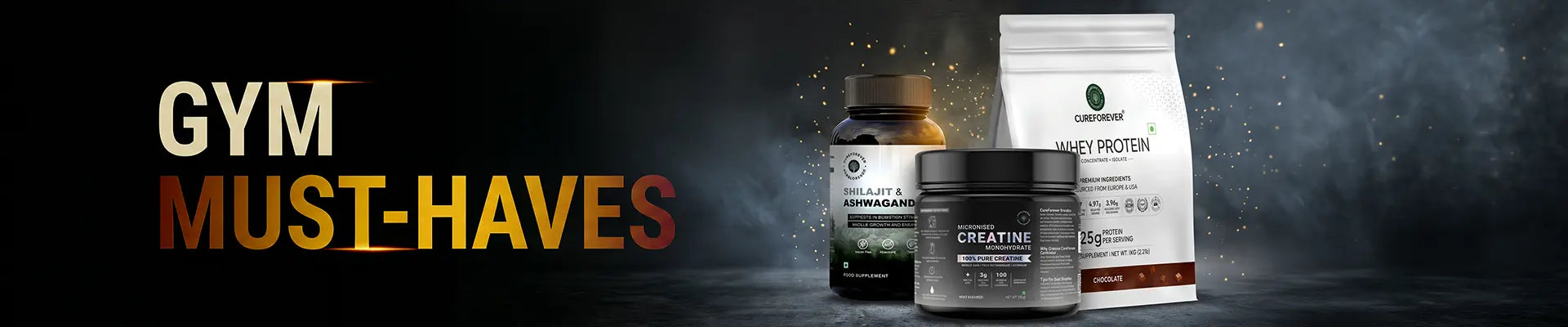 Gym must-haves with protein powder, supplements, and creatine on a dark background