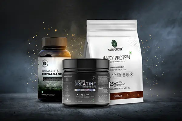 Supplement products including Shilajit & Ashwagandha, Creatine Monohydrate, and Whey Protein on a dark background.