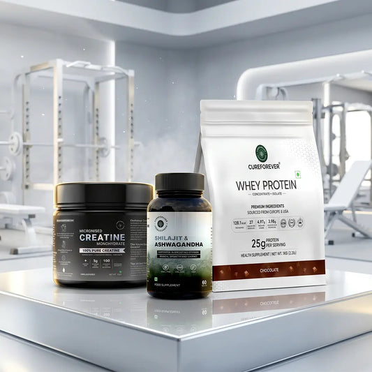 Supplement products including creatine, ashwagandha, and whey protein on a reflective surface with a blurred gym background.