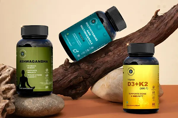 Three supplement bottles on a natural background with rocks and wood.