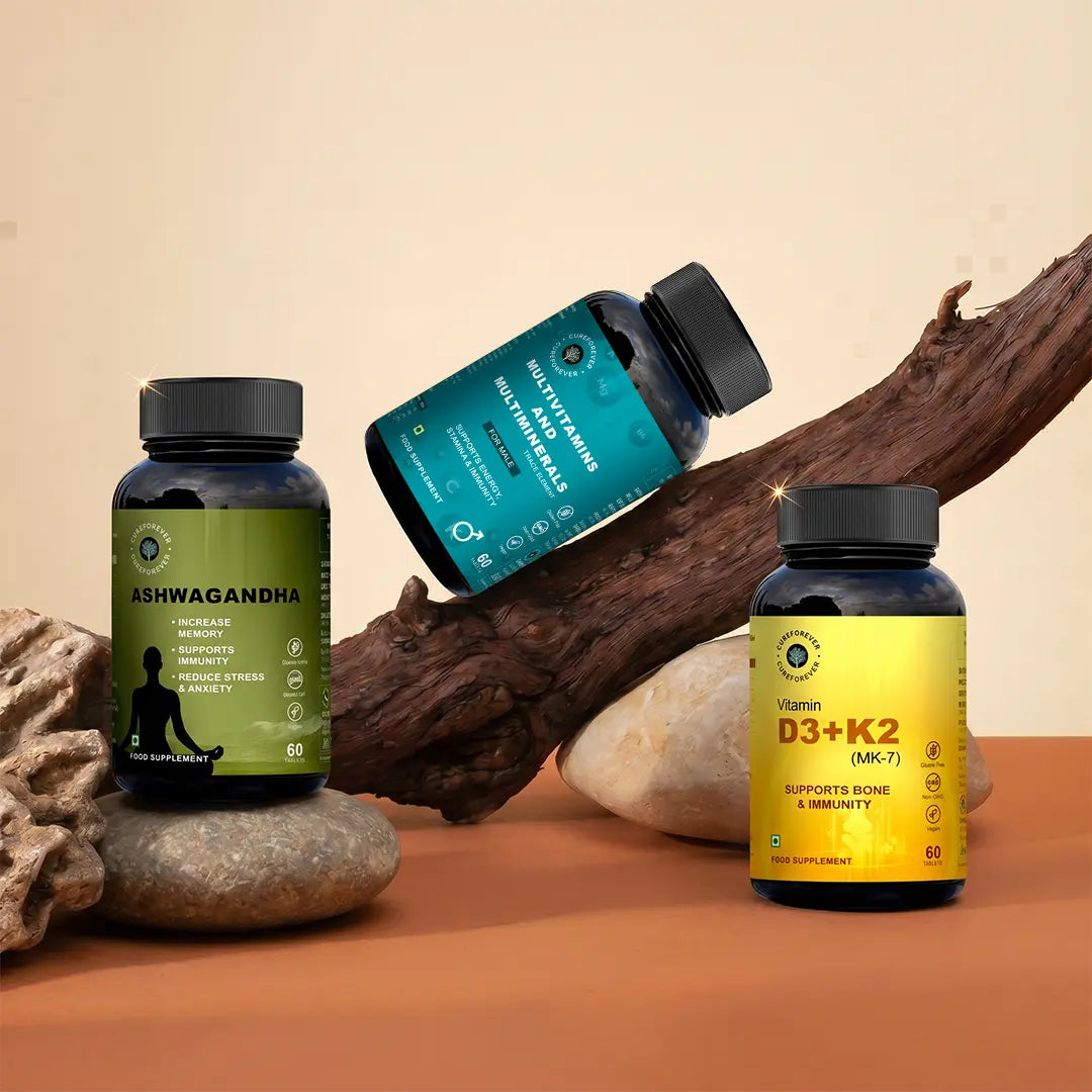 Three supplement bottles on a natural background with rocks and wood.