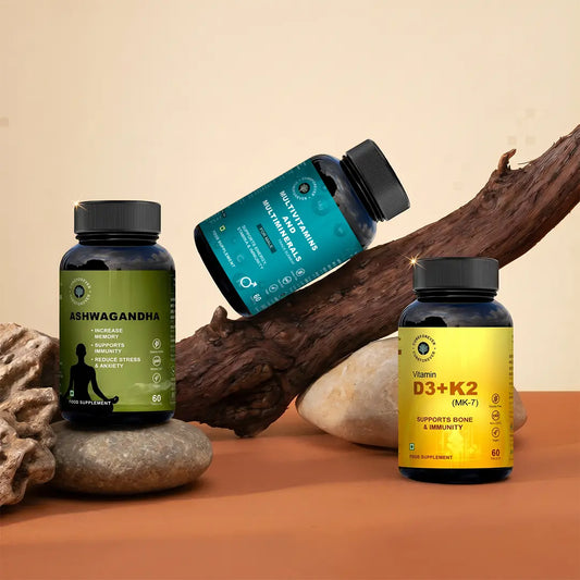 Three supplement bottles on a natural background with rocks and wood.