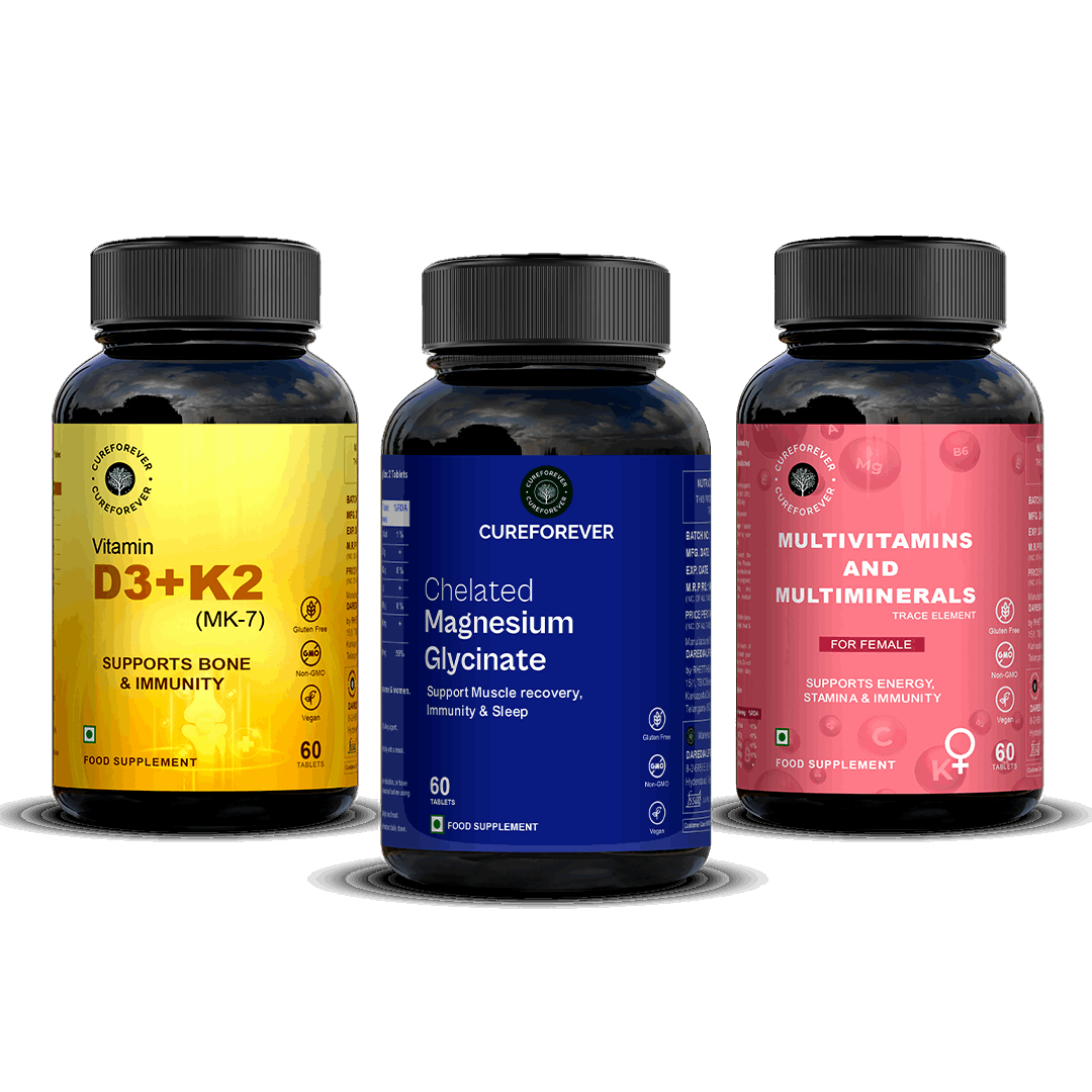 Everyday Essentials for Women | Multivitamin, Multimineral, Vitamin D3+K2, Magnesium Glycinate CUREFOREVER