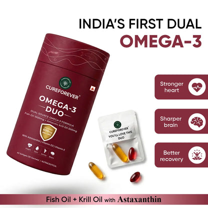 CureForever Omega-3 Duo supplement packaging with text highlighting benefits on a white background