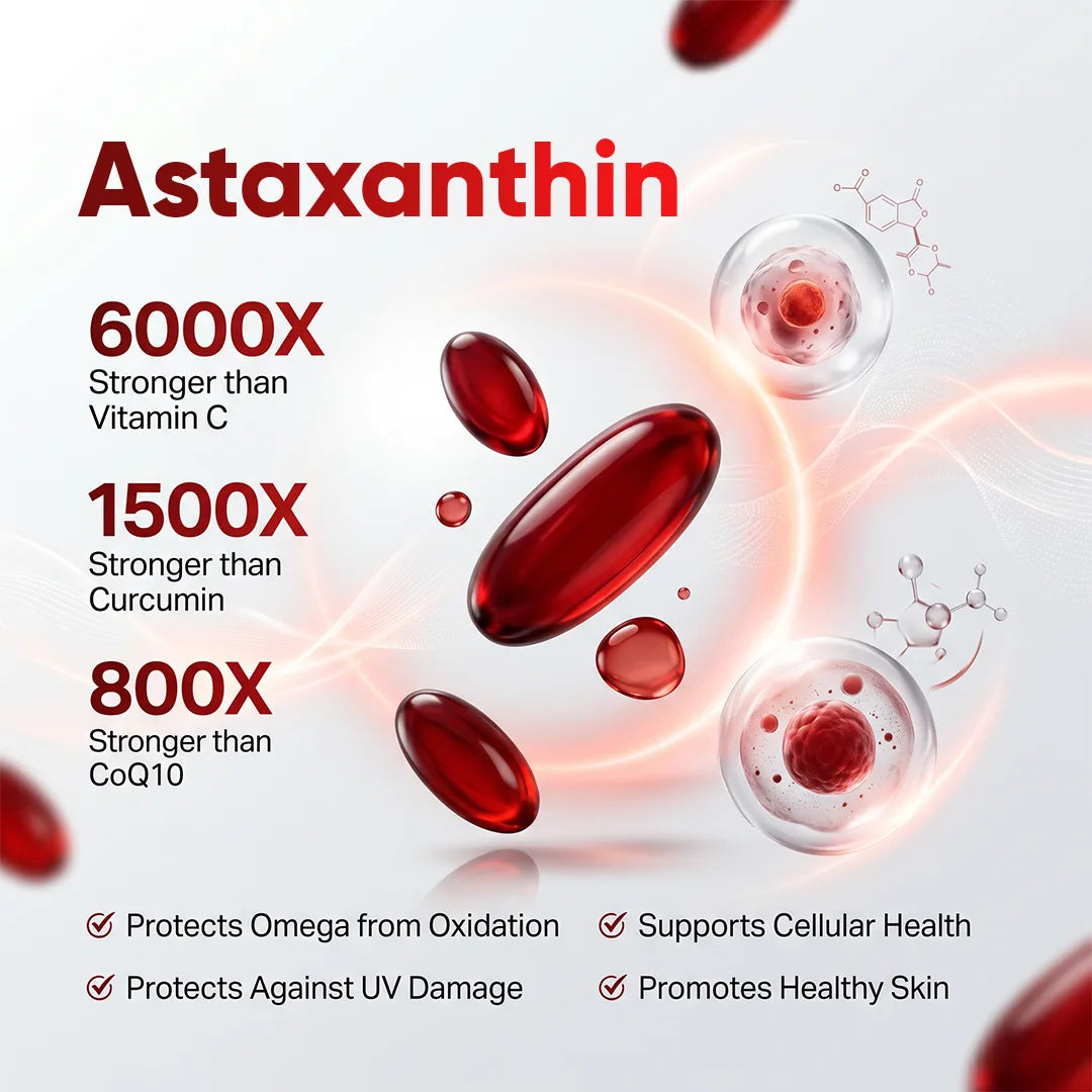 Red astaxanthin capsules with health benefits on a white background