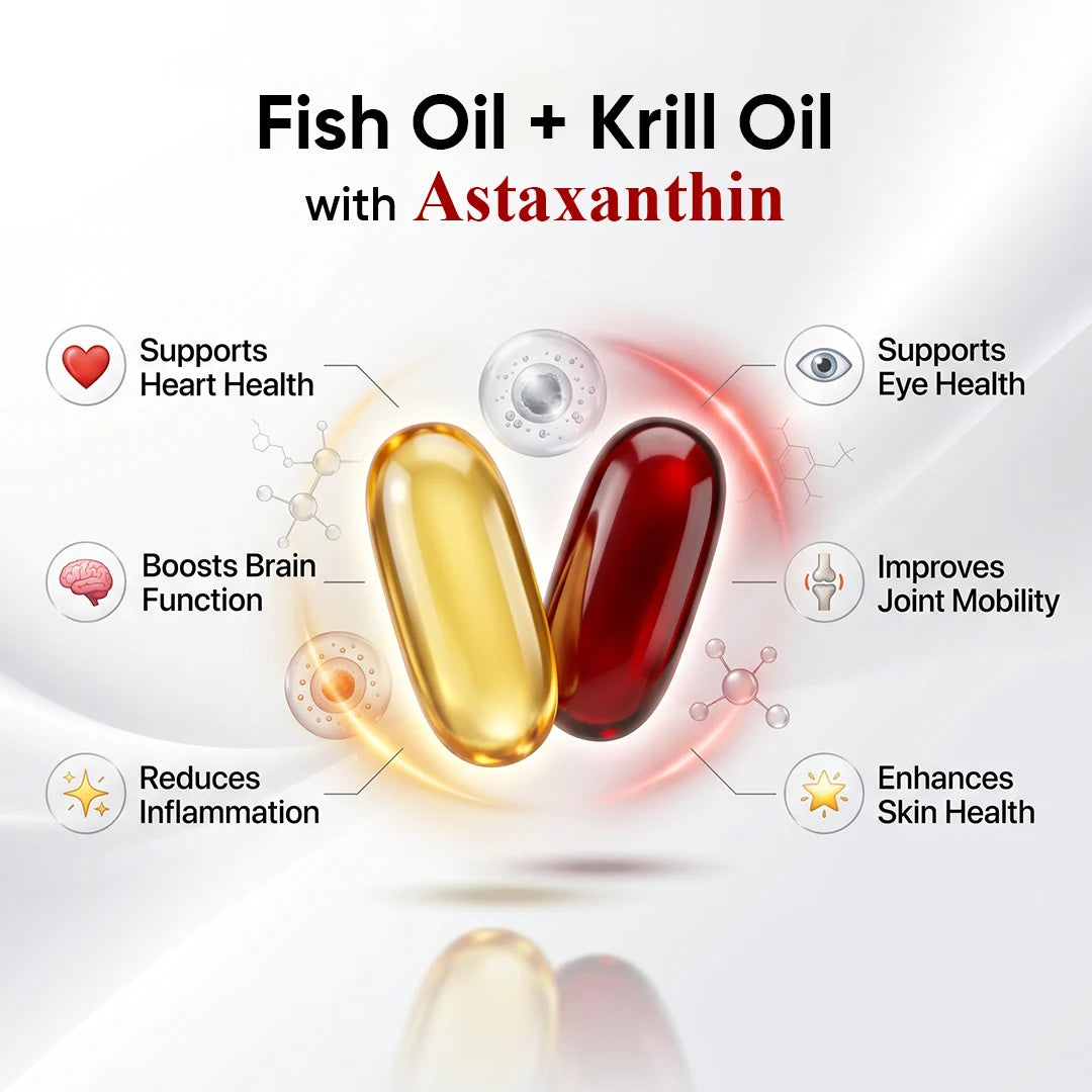 Fish oil and krill oil capsules with astaxanthin, highlighting health benefits on a white background.