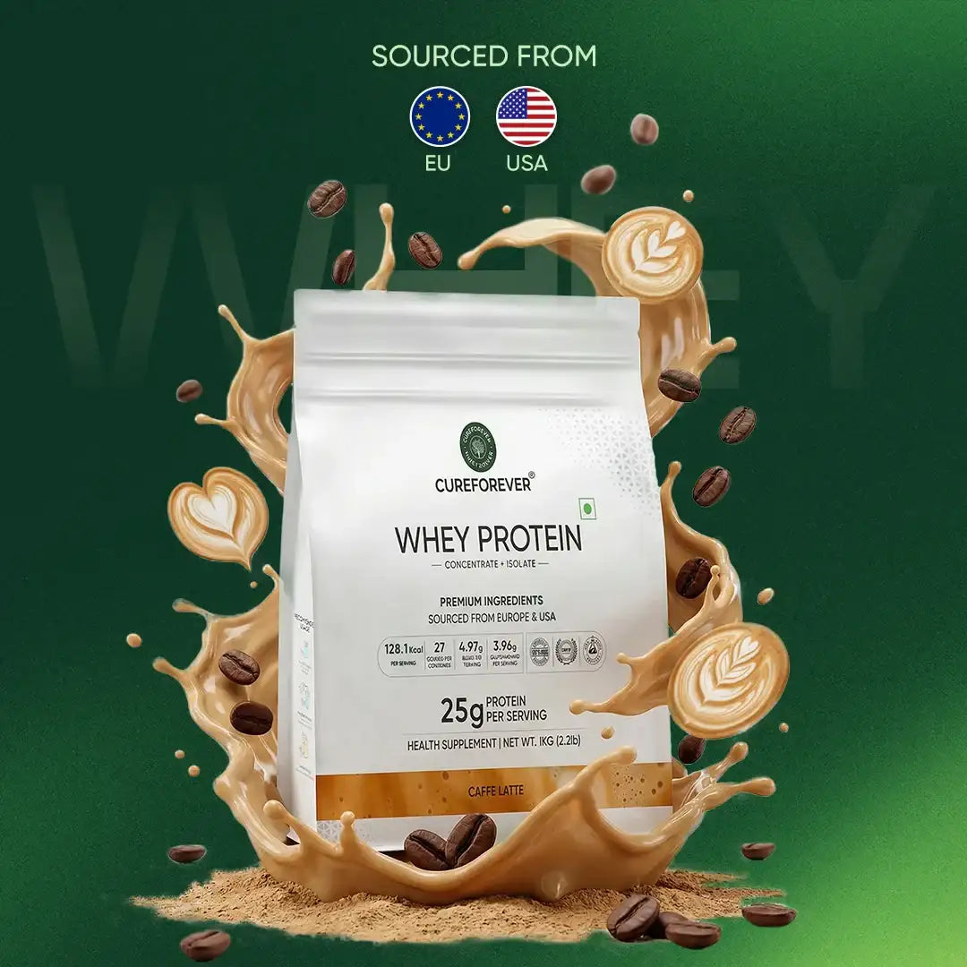 Whey protein package with coffee elements on a green background