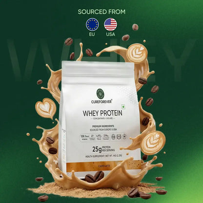 Whey protein package with coffee elements on a green background
