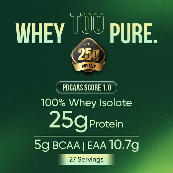Protein powder label with 25g protein content on a green background