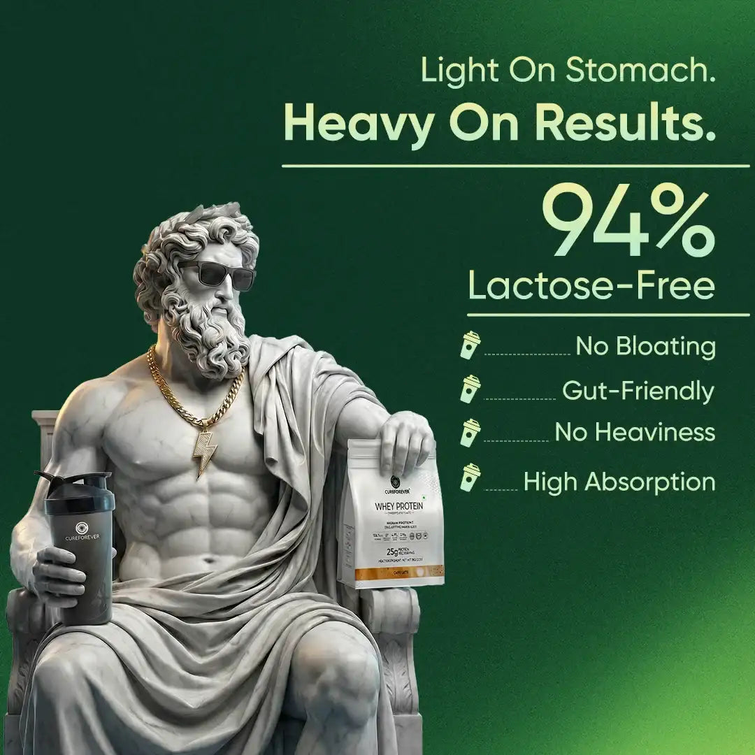 Statue holding a container with text about lactose-free products on a green background