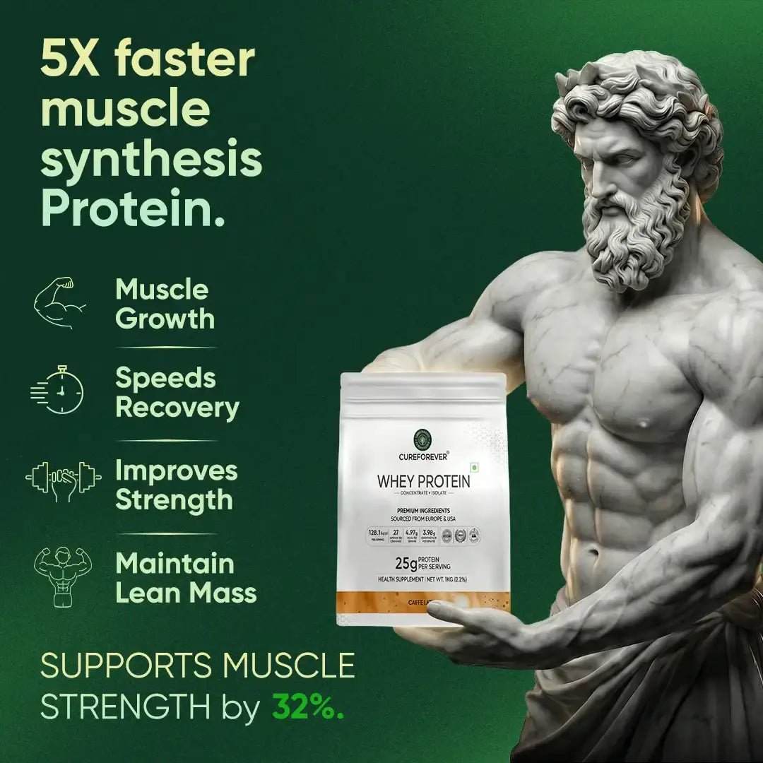 Whey protein package with classical statue holding it against a green background