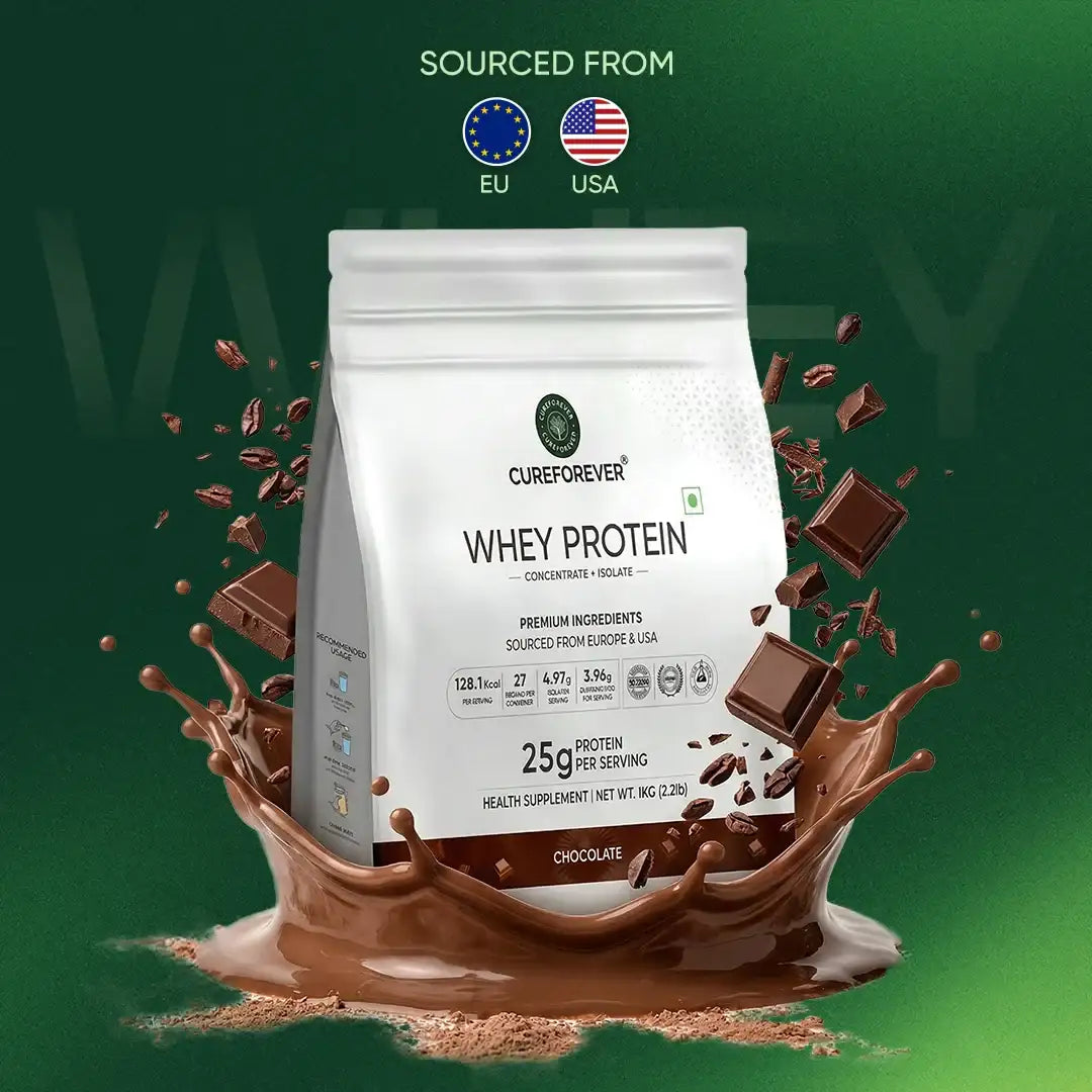 CureForever Whey Protein package with chocolate pieces and a splash on a green background