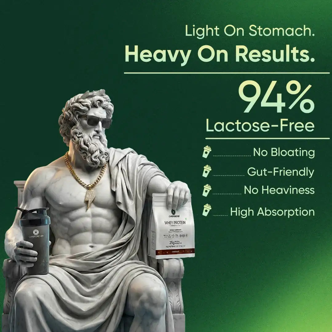 Statue holding a container with text about lactose-free products on a green background