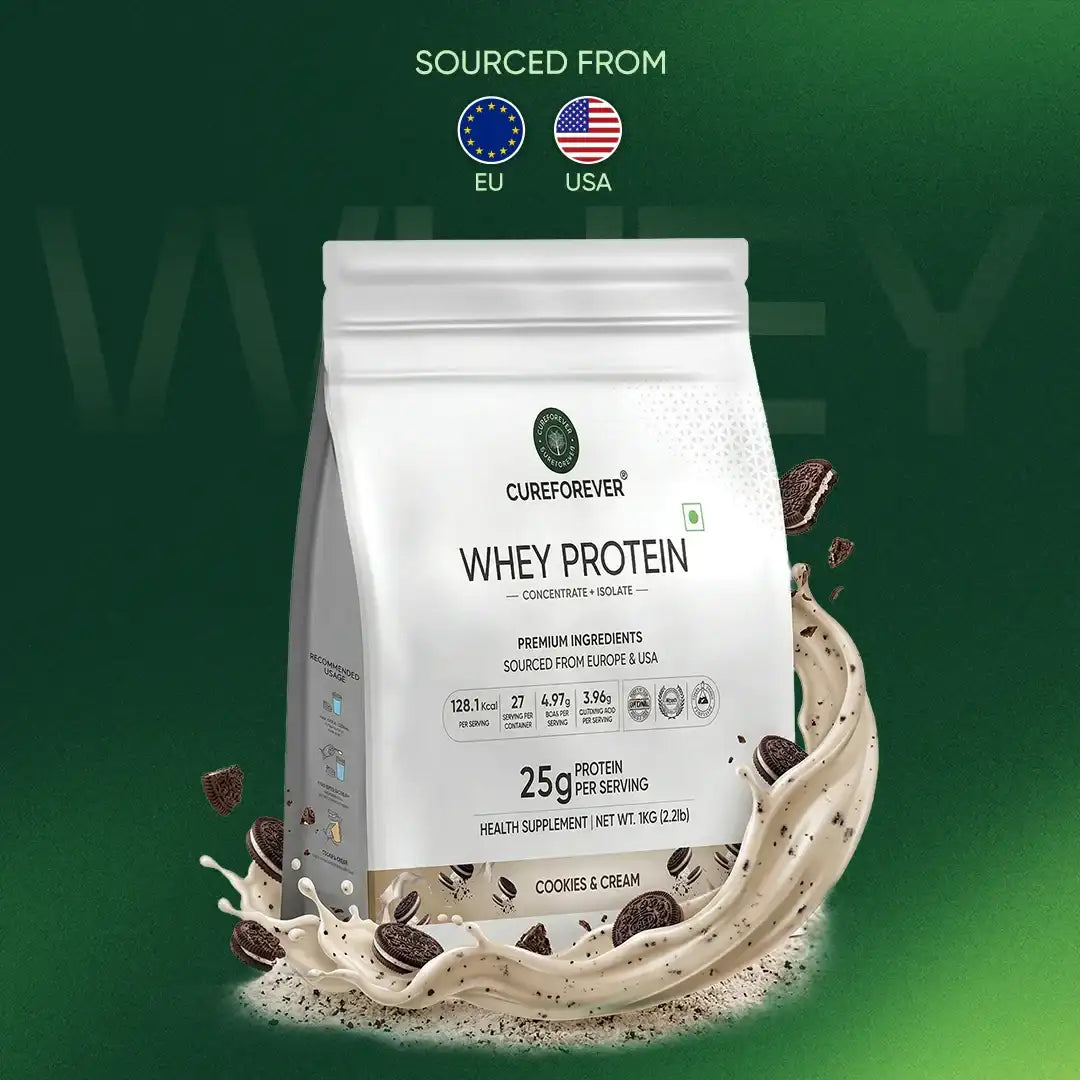 Whey protein package with visible branding on a green background