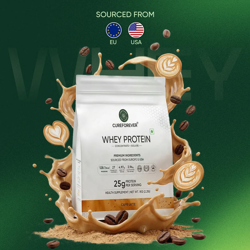 Whey protein package with coffee elements on a green background