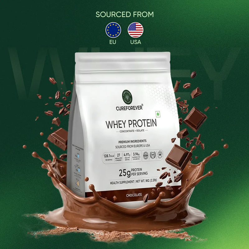 CureForever Whey Protein package with chocolate pieces and a splash on a green background