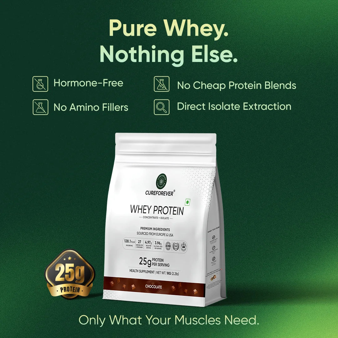 Protein powder package with branding and product details on a green background