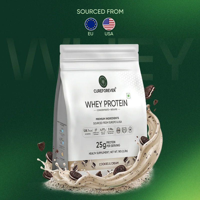 Whey protein package with visible branding on a green background