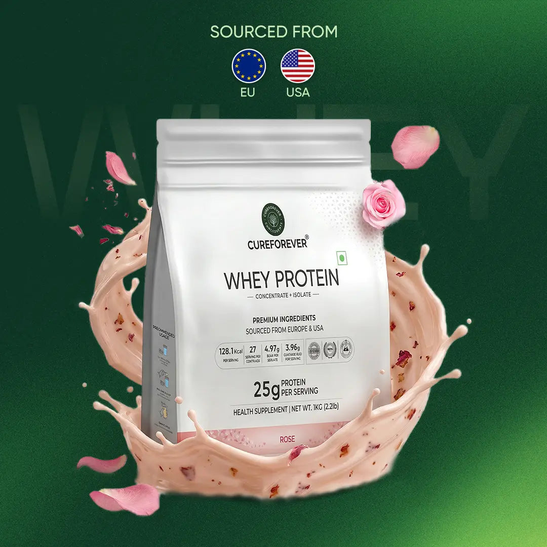 CureForever whey protein package with a green background and rose petals.