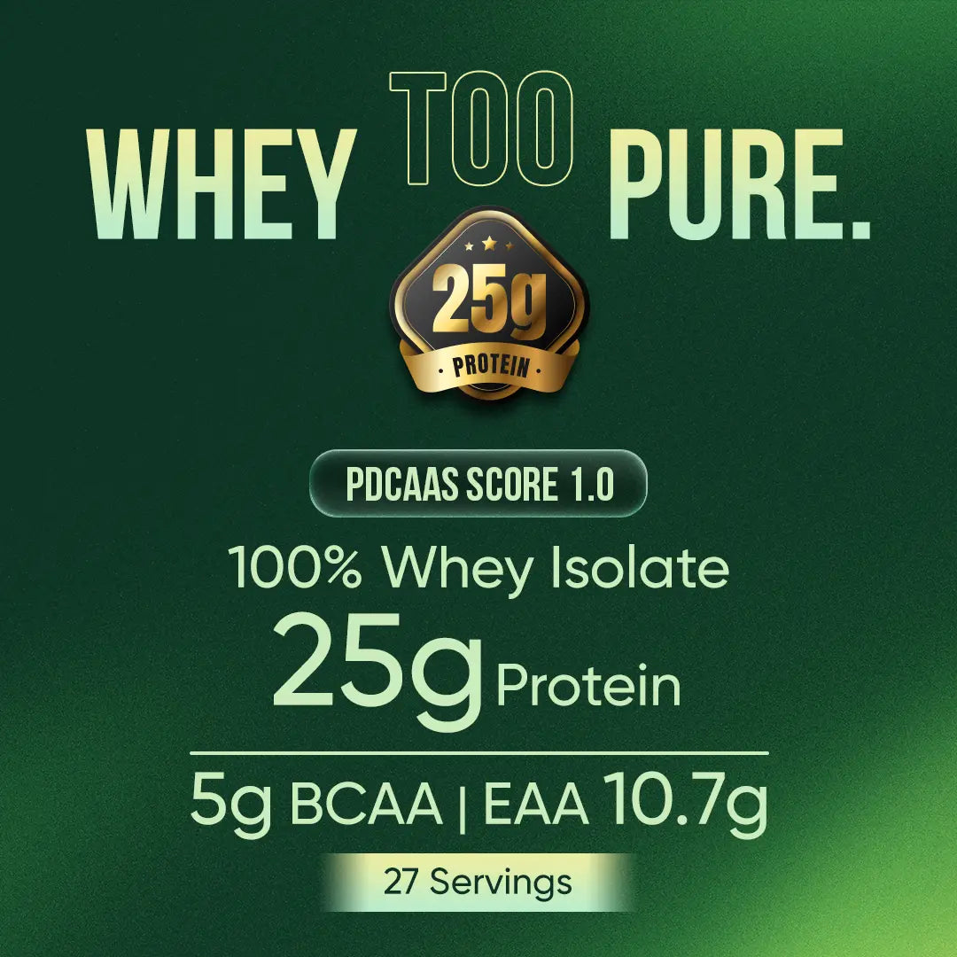 Whey protein product with 25g protein content and branding on a green background