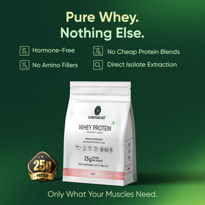 Whey protein package with green background and text highlighting features