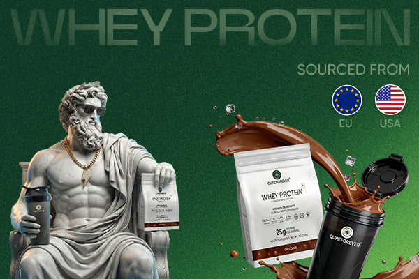 Statue holding a whey protein package with chocolate being poured, branded 'Eveready', on a green background.