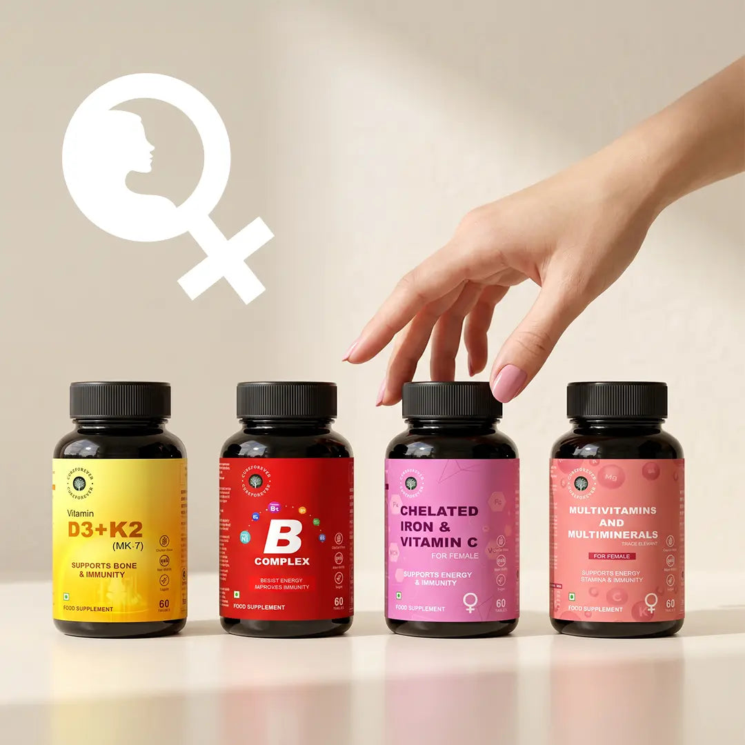 Four supplement bottles with labels on a beige background, one hand reaching towards a pink bottle.