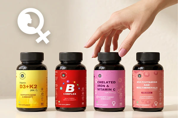 Four supplement bottles with colorful labels on a light background