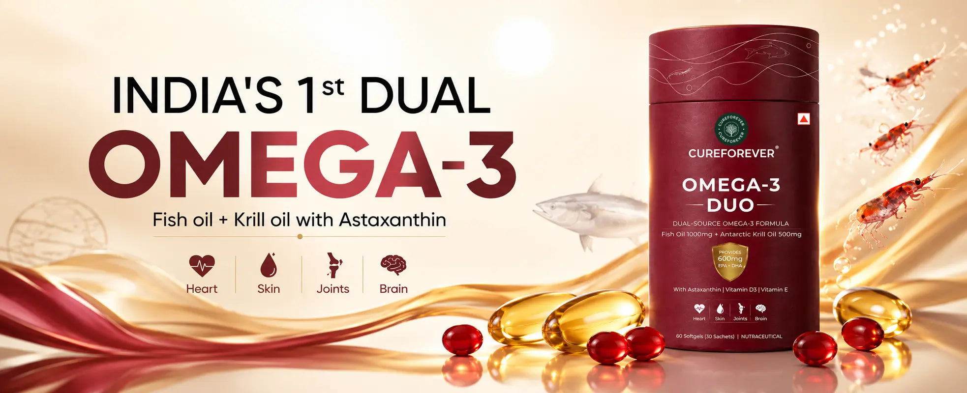CureForever Omega-3 Duo supplement bottle with capsules and text on a beige background