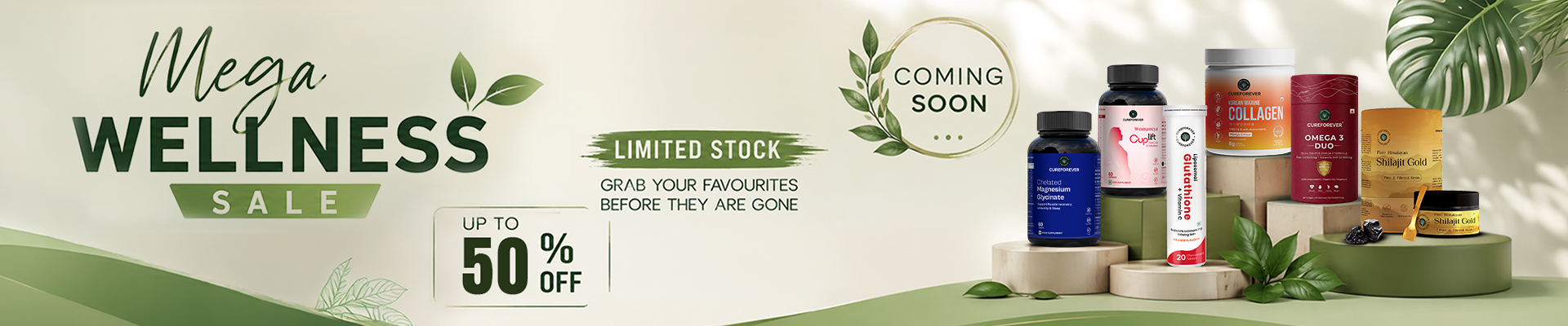 Promotional banner for a Mega Wellness Sale with wellness products and limited stock notice.