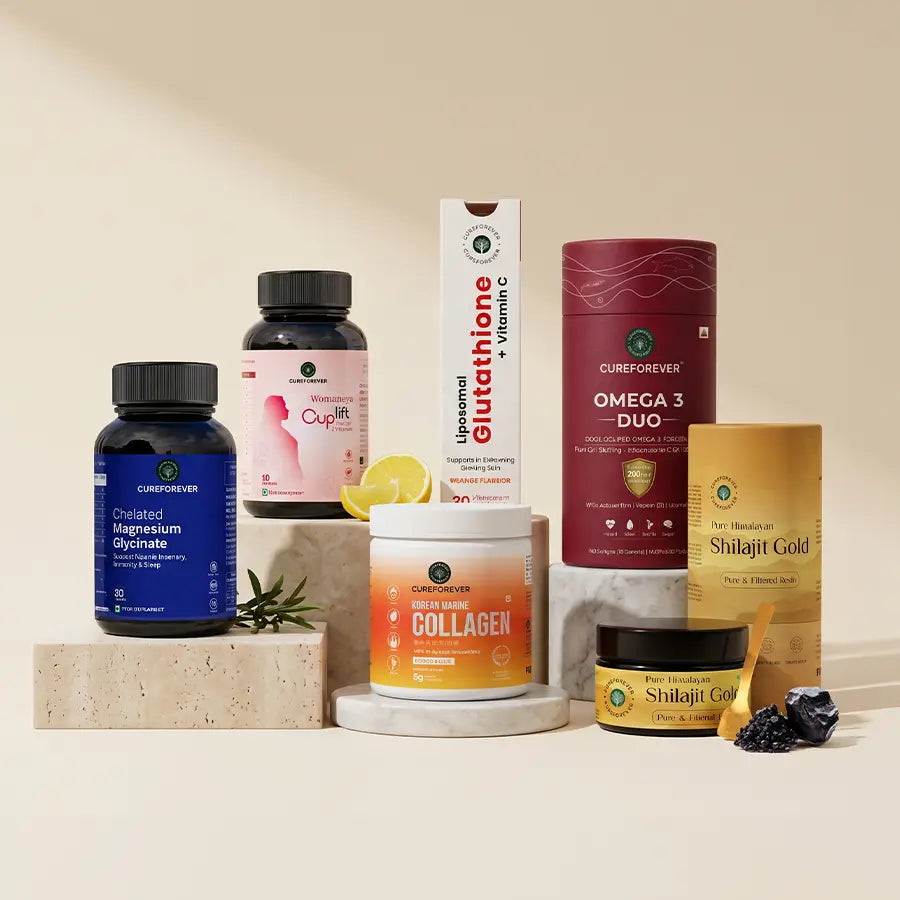 Collection of health and wellness products including bottles and containers on a neutral background