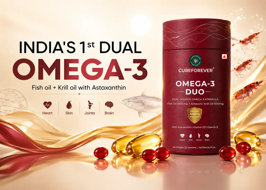 CureForever Omega-3 Duo supplement container with fish and krill graphics on a beige background